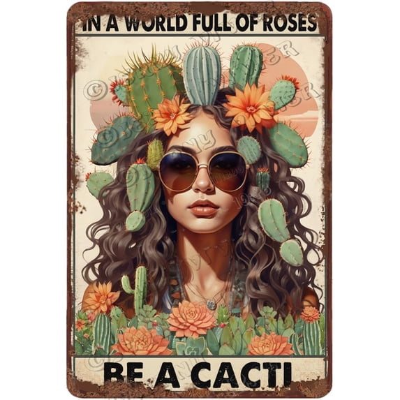 In A World Full Of Rose Be A Cacti Aluminum Sign Vintage Inspirational Quote Metal Sign Gift For Women Girl Teens For Home Bedroom Bathroom Cafes Bar Bar Gym 12x8 inches
