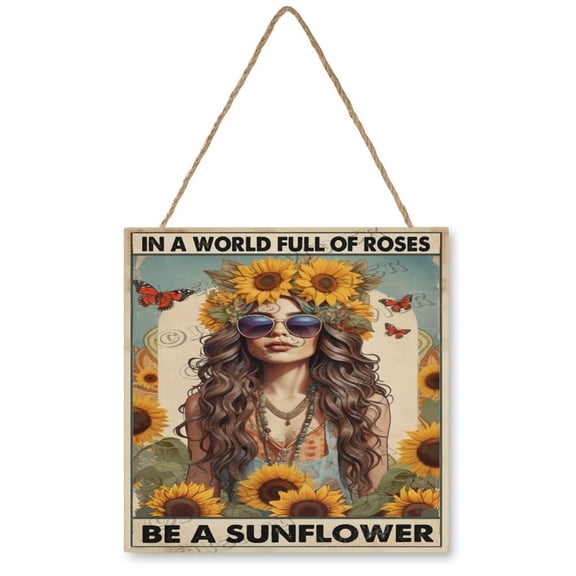 In A World Full Of Rose Be A Sunflower Hanging Wood Sign Home Decor, Home Decor Gift, Bedroom Decoration Wall Art Hanging Sign,Housewarming Gift 12x12 Inches
