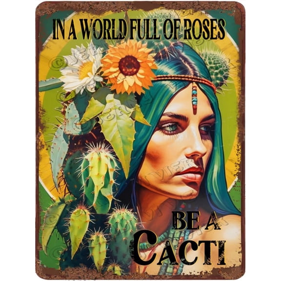 in A World Full of Roses Be A Cacti Retro Aluminum Sign 12x16 in Metal Sign Cactus Wall Plate French Chic Wall Decor Hippie Soul Sign Inspirational Quote Decor