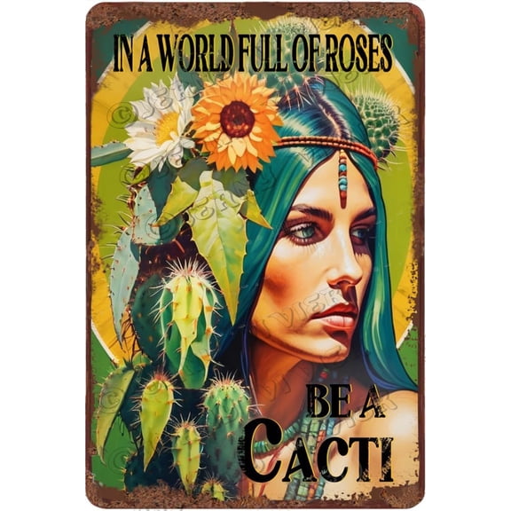 in A World Full of Roses Be A Cacti Retro Aluminum Sign 12x8 in Metal Sign Cactus Wall Plate French Chic Wall Decor Hippie Soul Sign Inspirational Quote Decor