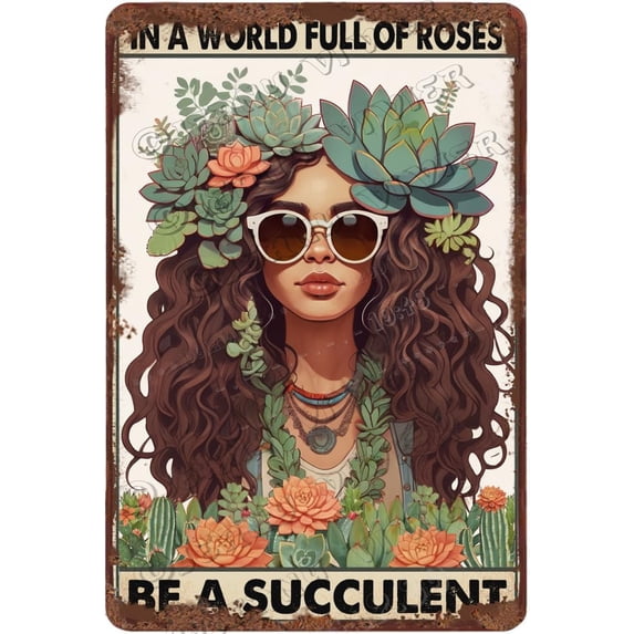 in A World Full of Roses Be A Succulent Retro Aluminum Sign 12x8 in Metal Sign Succulent Wall Art Shabby Chic Floral Decor Inspirational Quote Sign Hippie Room Decor