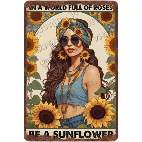 in A World Full of Roses Be A Sunflower Retro Aluminum Sign 12x8 in Metal Sign Sunflower Flower Wall Plates Shabby Chic Kitchen Decor Inspirational Quote Sign Hippie Room Decor