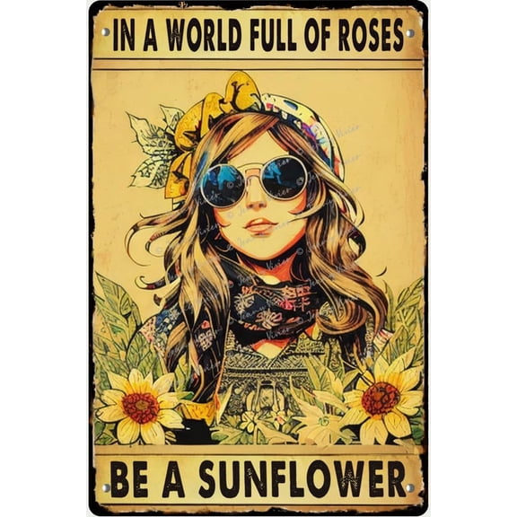 in The World Full of Roses Be a Sunflower Vintage Tin Sign Bathroom Decor Wall Art, Hippie Boho Wall Art,Motivation Quotes Inspirational Wall Art, Gift for Girl,12x16 Inches