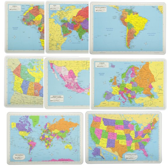 World Geography Placemat Set with Continent Maps 8 Pack