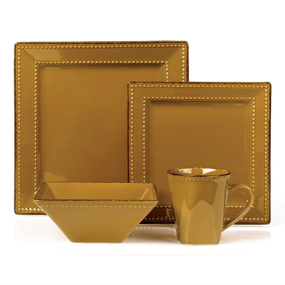 World Gifts 16 Piece Square Beaded Stoneware Dinnerware set - Mocha, Square Beaded