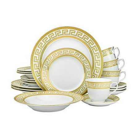 World Gifts 20-Piece Porcelain Dinnerware Set with Gold Greek Key Pattern and 24K Ornament - Service for 4