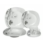 World Gifts 20 Pieces of Porcelain Square Dinnerware Set - Matte Silver and Black Floral Design, Service for 4