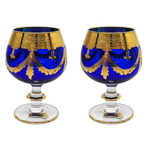 World Gifts Set of 2 Cobalt Blue Crystal Cognac Snifters Goblets - 10 oz, Vintage Design