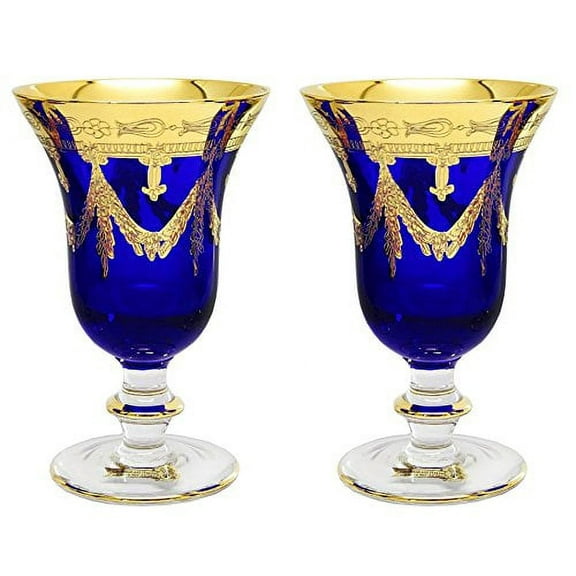 World Gifts Set of 2 Cobalt Blue Crystal Wine Goblets - Vintage Design, 10 oz Interglass - Italy