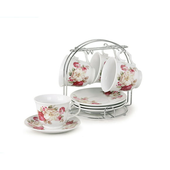 World Gifts Set of 4 Porcelain Tea Cup and Saucer Set with Metal Stand - 8 oz, White