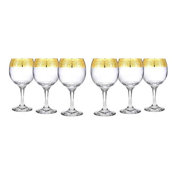 World Gifts Set of 6 Greek Key Pattern Drinkware Wine Goblets - 8.5 oz, Clear, Gold Rim Pattern