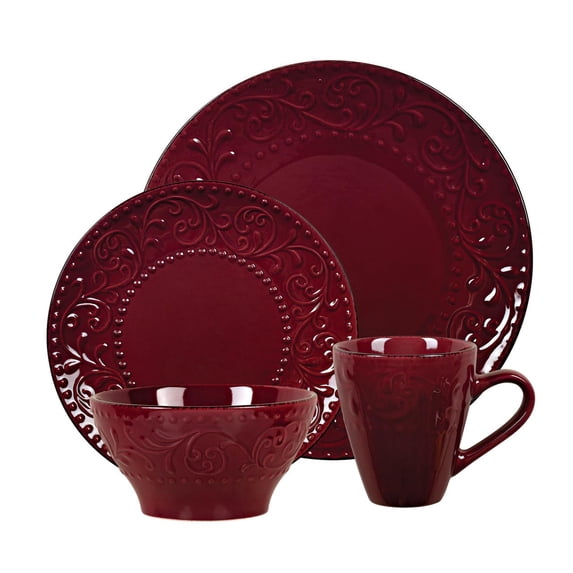 World Gifts Stoneware Scroll Dinnerware Set - Merlot, 16 Piece