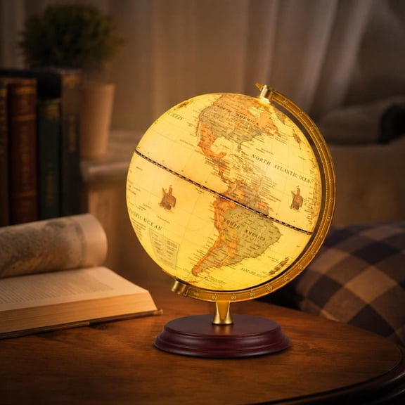 World Globe, 8 Inch Illuminated Night Light, Wooden Stand, HD Map, USB Powered