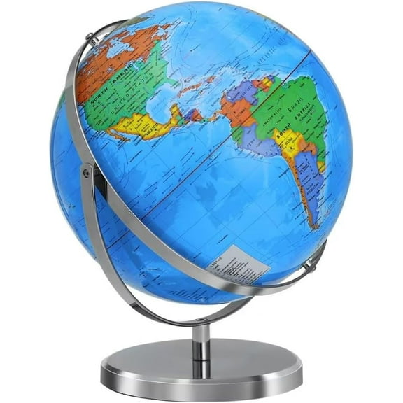World Globe with Stainless Steel Stand 13 inch, 720 Rotating & HD Waterproof Material, Teaching/Geographic/Decorative Globes with Clear Text for Elementary, Classroom, Home, School, Office