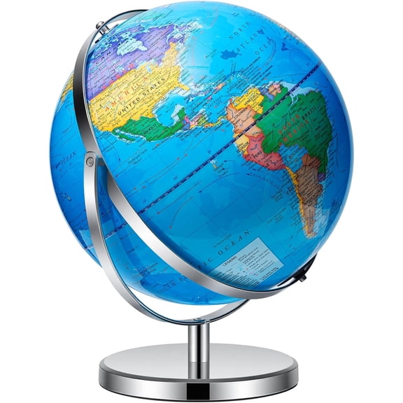 World Globe with Stainless Steel Stand 13 inch, 720 Rotating & HD Waterproof Material, Teaching/Geographic/Decorative Globes with Clear Text for Elementary, Classroom, Home, School, Office