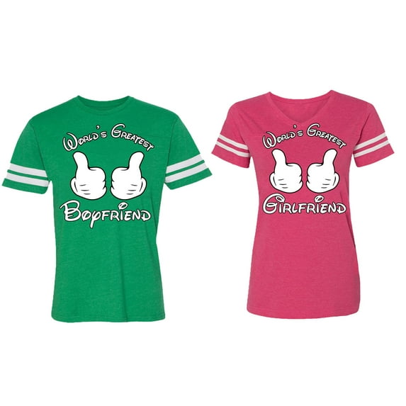World Greatest Boy & Girlfriend Matching Couple Cotton Jerseys (Men Green / Women Pink) (Men L / Women L)