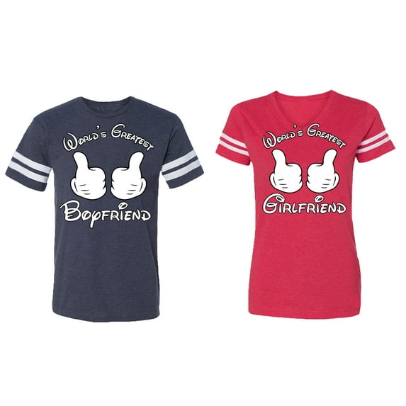 World Greatest Boy & Girlfriend Matching Couple Cotton Jerseys (Men Navy / Women Red) (Men S / Women S)