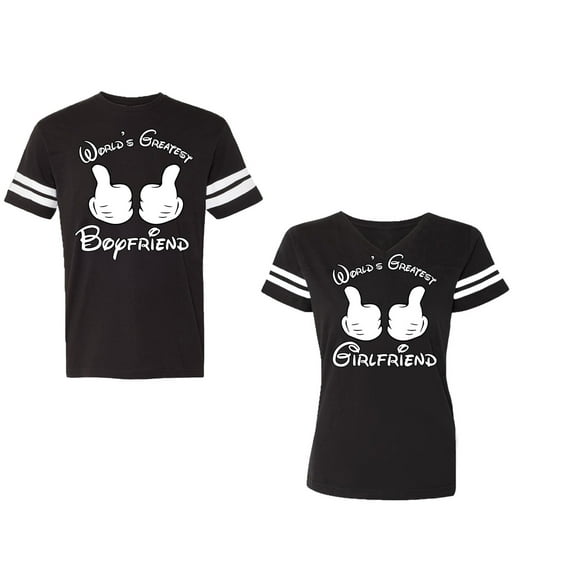 World Greatest Boy & Girlfriend Unisex Couple Matching Cotton Jersey style T-Shirt Contrasting stripes on sleeves (Men Black / Women Black) (Men S / Women S)