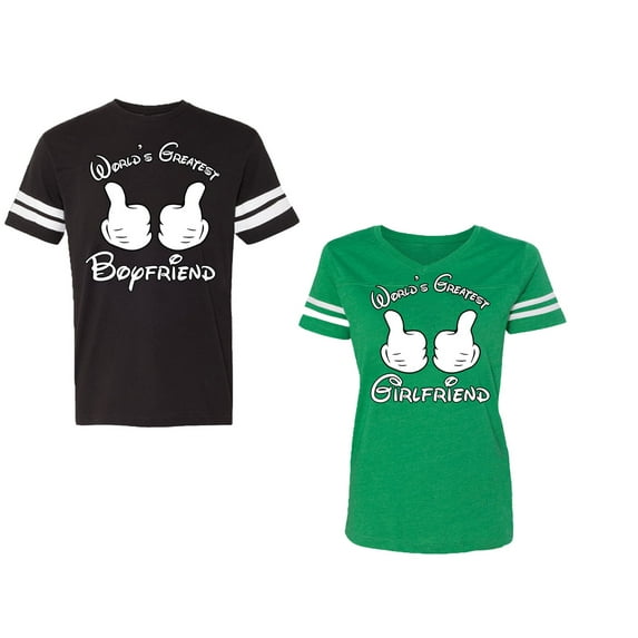 World Greatest Boy & Girlfriend Unisex Couple Matching Cotton Jersey style T-Shirt Contrasting stripes on sleeves (Men Black / Women Green) (Men S / Women XXL)