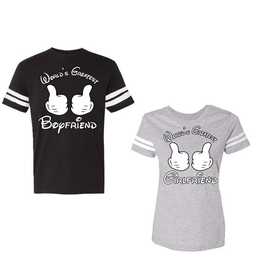 World Greatest Boy & Girlfriend Unisex Couple Matching Cotton Jersey style T-Shirt Contrasting stripes on sleeves (Men Black / Women Heather) (Men XL / Women M)