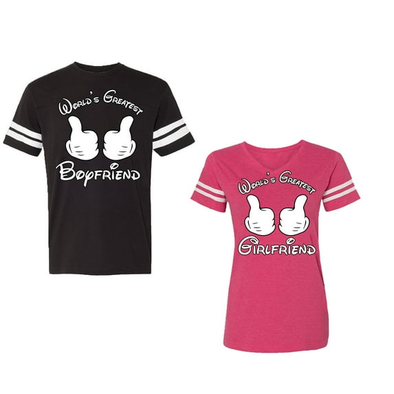 World Greatest Boy & Girlfriend Unisex Couple Matching Cotton Jersey style T-Shirt Contrasting stripes on sleeves (Men Black / Women Pink) (Men M / Women L)