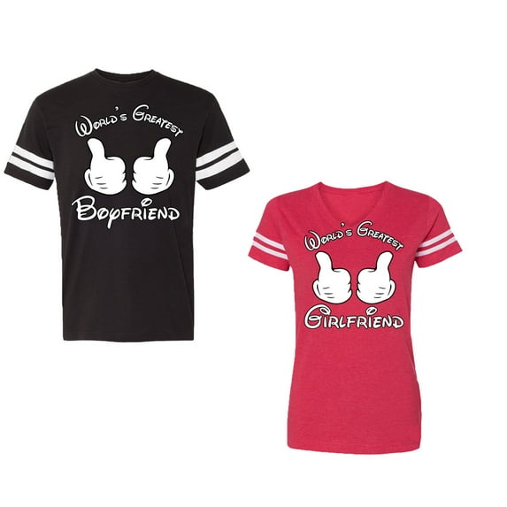 World Greatest Boy & Girlfriend Unisex Couple Matching Cotton Jersey style T-Shirt Contrasting stripes on sleeves (Men Black / Women Red) (Men XL / Women M)