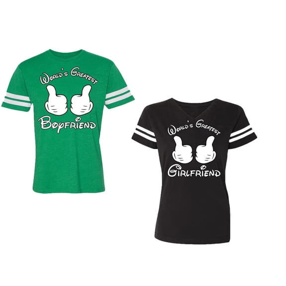 World Greatest Boy & Girlfriend Unisex Couple Matching Cotton Jersey style T-Shirt Contrasting stripes on sleeves (Men Green / Women Black) (Men S / Women S)