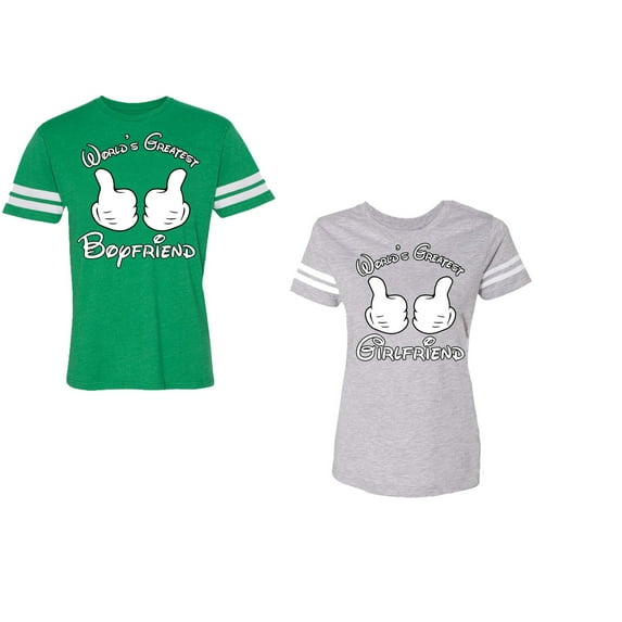 World Greatest Boy & Girlfriend Unisex Couple Matching Cotton Jersey style T-Shirt Contrasting stripes on sleeves (Men Green / Women Heather) (Men S / Women XXL)