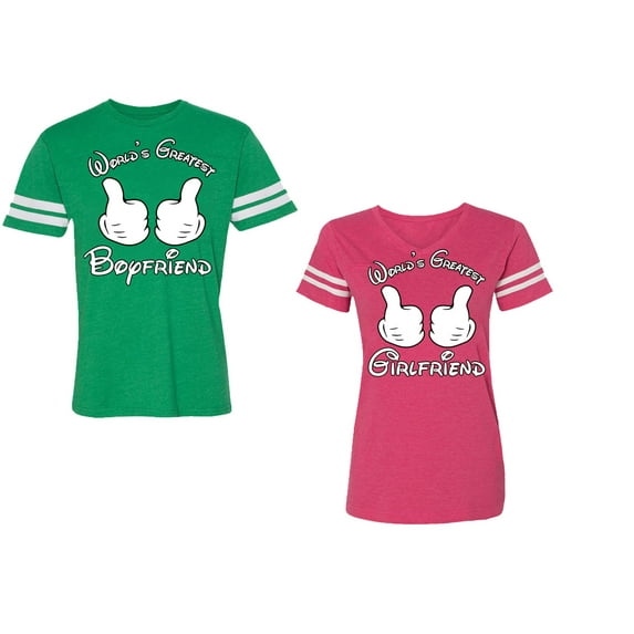 World Greatest Boy & Girlfriend Unisex Couple Matching Cotton Jersey style T-Shirt Contrasting stripes on sleeves (Men Green / Women Pink) (Men XXXL / Women XXL)