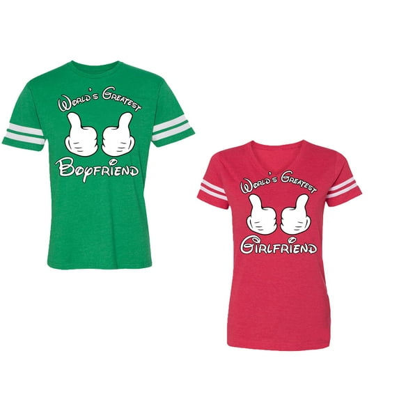 World Greatest Boy & Girlfriend Unisex Couple Matching Cotton Jersey style T-Shirt Contrasting stripes on sleeves (Men Green / Women Red) (Men S / Women XL)