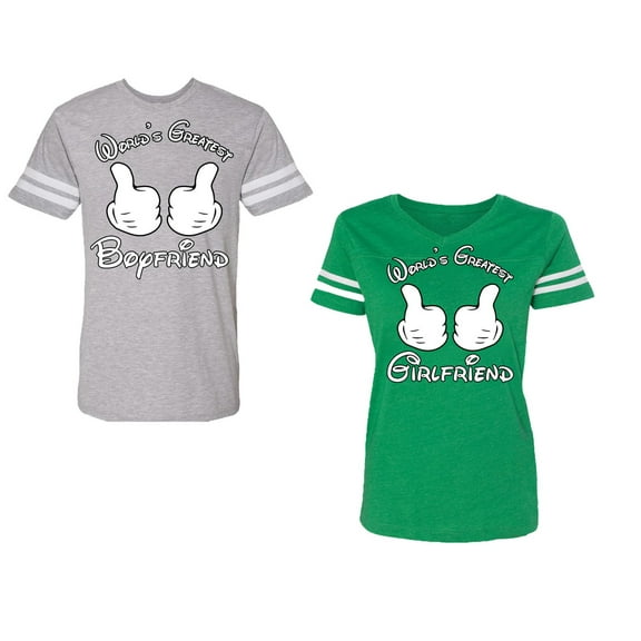 World Greatest Boy & Girlfriend Unisex Couple Matching Cotton Jersey style T-Shirt Contrasting stripes on sleeves (Men Heather / Women Green) (Men XL / Women L)