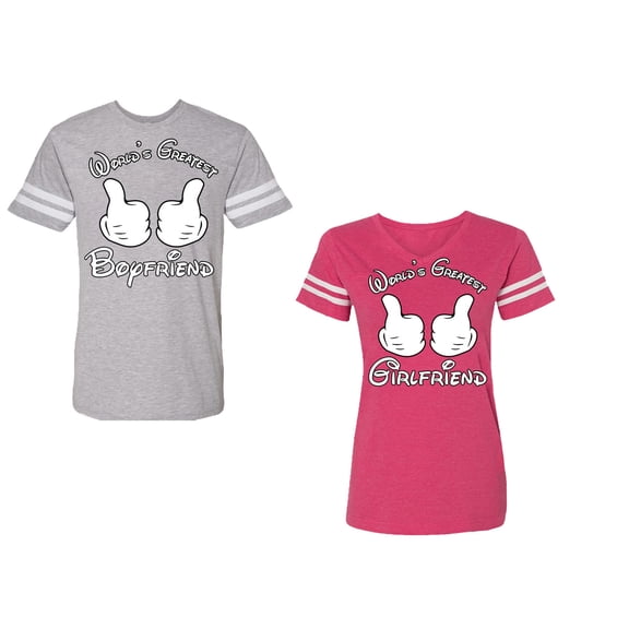 World Greatest Boy & Girlfriend Unisex Couple Matching Cotton Jersey style T-Shirt Contrasting stripes on sleeves (Men Heather / Women Pink) (Men L / Women M)