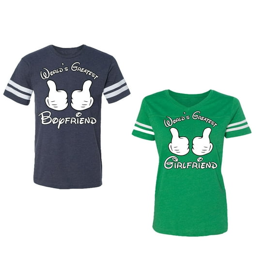 World Greatest Boy & Girlfriend Unisex Couple Matching Cotton Jersey style T-Shirt Contrasting stripes on sleeves (Men Navy / Women Green) (Men XL / Women XL)