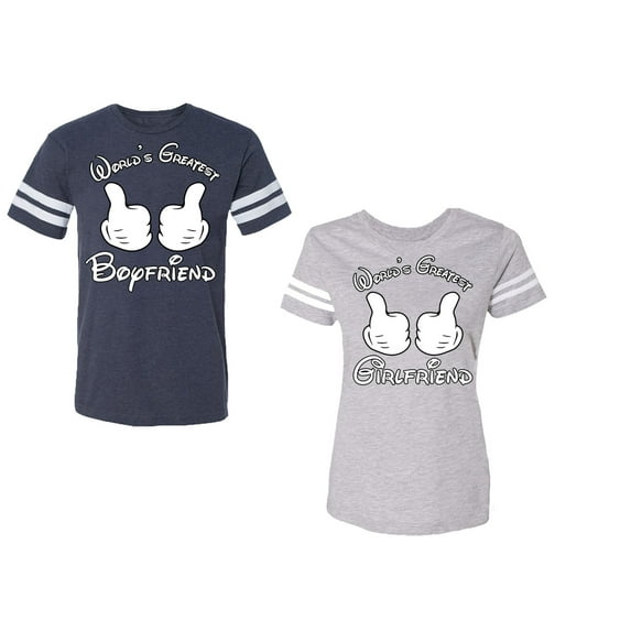 World Greatest Boy & Girlfriend Unisex Couple Matching Cotton Jersey style T-Shirt Contrasting stripes on sleeves (Men Navy / Women Heather) (Men S / Women XL)