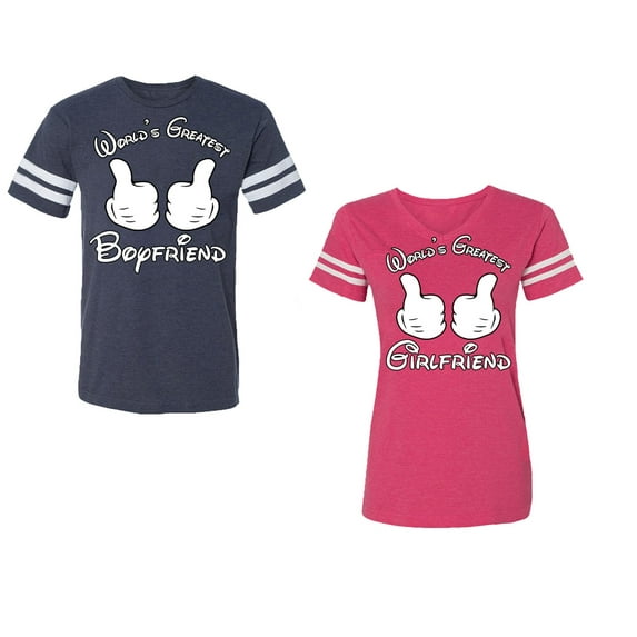 World Greatest Boy & Girlfriend Unisex Couple Matching Cotton Jersey style T-Shirt Contrasting stripes on sleeves (Men Navy / Women Pink) (Men L / Women L)
