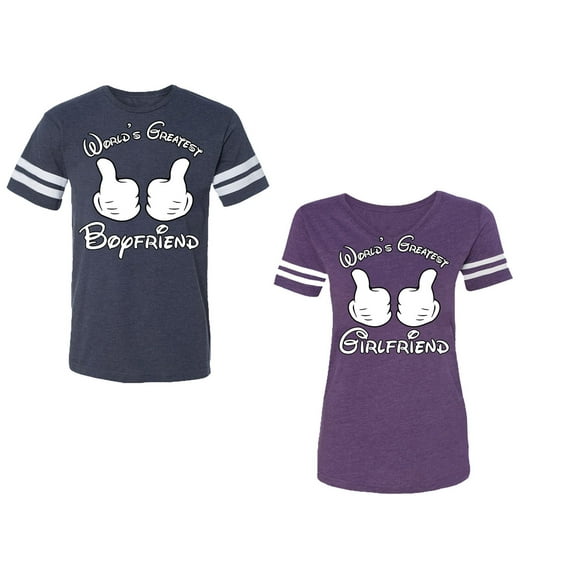 World Greatest Boy & Girlfriend Unisex Couple Matching Cotton Jersey style T-Shirt Contrasting stripes on sleeves (Men Navy / Women Purple) (Men M / Women S)