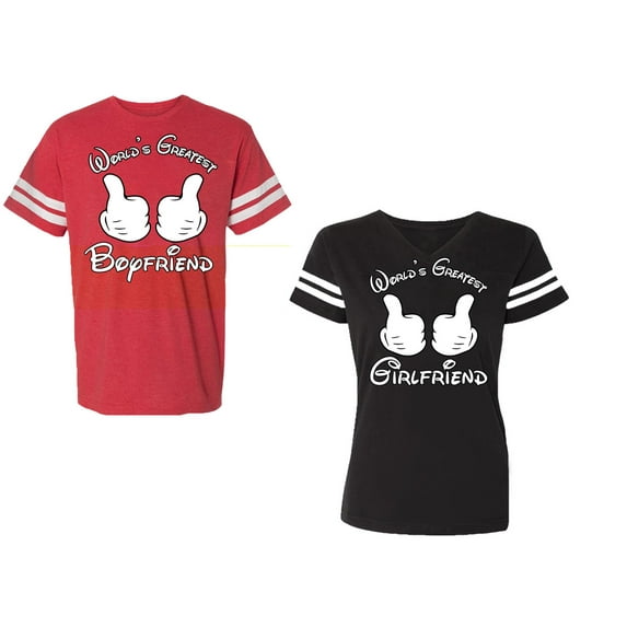 World Greatest Boy & Girlfriend Unisex Couple Matching Cotton Jersey style T-Shirt Contrasting stripes on sleeves (Men Red / Women Black) (Men S / Women M)