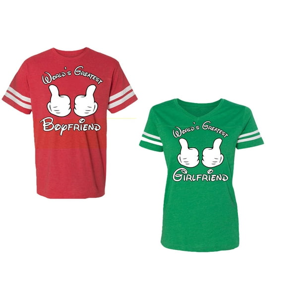 World Greatest Boy & Girlfriend Unisex Couple Matching Cotton Jersey style T-Shirt Contrasting stripes on sleeves (Men Red / Women Green) (Men XL / Women S)
