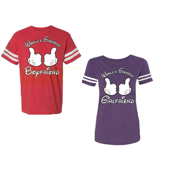 World Greatest Boy & Girlfriend Unisex Couple Matching Cotton Jersey style T-Shirt Contrasting stripes on sleeves (Men Red / Women Purple) (Men XXL / Women XL)