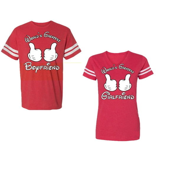 World Greatest Boy & Girlfriend Unisex Couple Matching Cotton Jersey style T-Shirt Contrasting stripes on sleeves (Men Red / Women Red) (Men XL / Women XL)