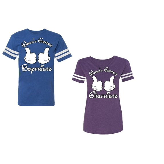 World Greatest Boy & Girlfriend Unisex Couple Matching Cotton Jersey style T-Shirt Contrasting stripes on sleeves (Men Royal / Women Purple) (Men L / Women M)