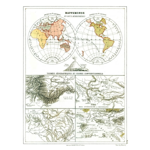 Historic Map - World Hemispheres - Cortambert 1880 - 23 x 29.70 - Vintage Wall Art
