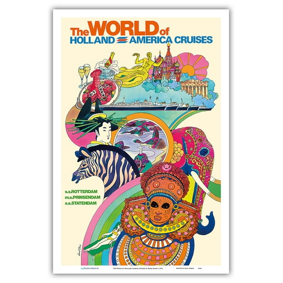 The World of Holland America Cruises - S.S. Rotterdam Prinsendam - Vintage Ocean Liner Travel Poster by David Klein c.1974 - Master Art Print (Unframed) 12in x 18in
