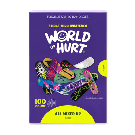 World of Hurt Flexible Fabric Bandages for Active Kids & Teens | All Mixed Up Mix - 100 ct