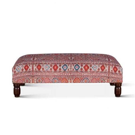 World Interiors Algiers Fabric Upholstered Red Pattern Ottoman in Multi-Color