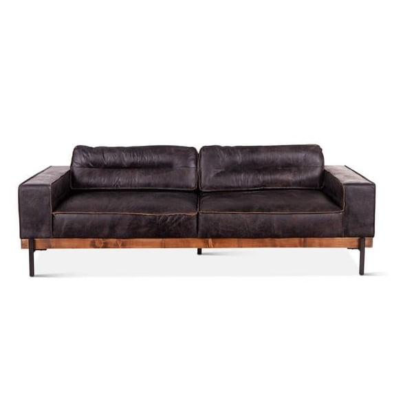 World Interiors Chiavari Ebony Leather Upholstered/Wood Sofa in Black