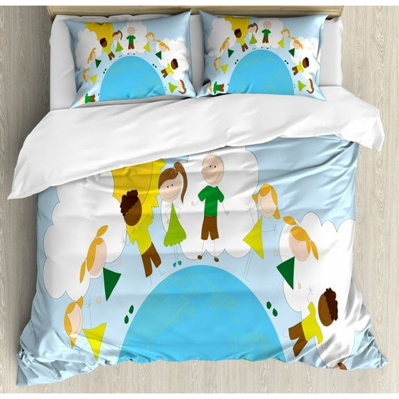 World King Size Duvet Cover Set, Smiling Kids over Planet Drawing All Children of the World Happy Friendship Peace, Decorative 3 Piece Bedding Set with 2 Pillow Shams, Multicolor, by Ambesonne