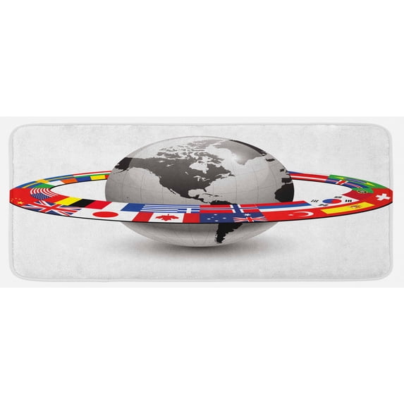 World Kitchen Mat, Earth Planet and Orbit with National Flags International Composition with Countries, Plush Decorative Kitchen Mat with Non Slip Backing, 47" X 19", Multicolor, by Ambesonne