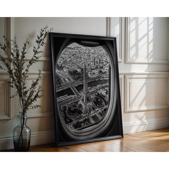 World Landmark Eiffel Tower Print Black and White Paris Aerial View