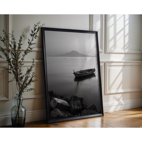 World Landmark Naples Italy Photography Mount Vesuvius Boat Black and White Print